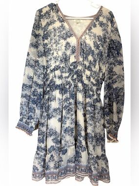 Max Studio Lined Sheer Blue Tiered Ruffle Sheer Balloon Sleeve Dress XL EUC